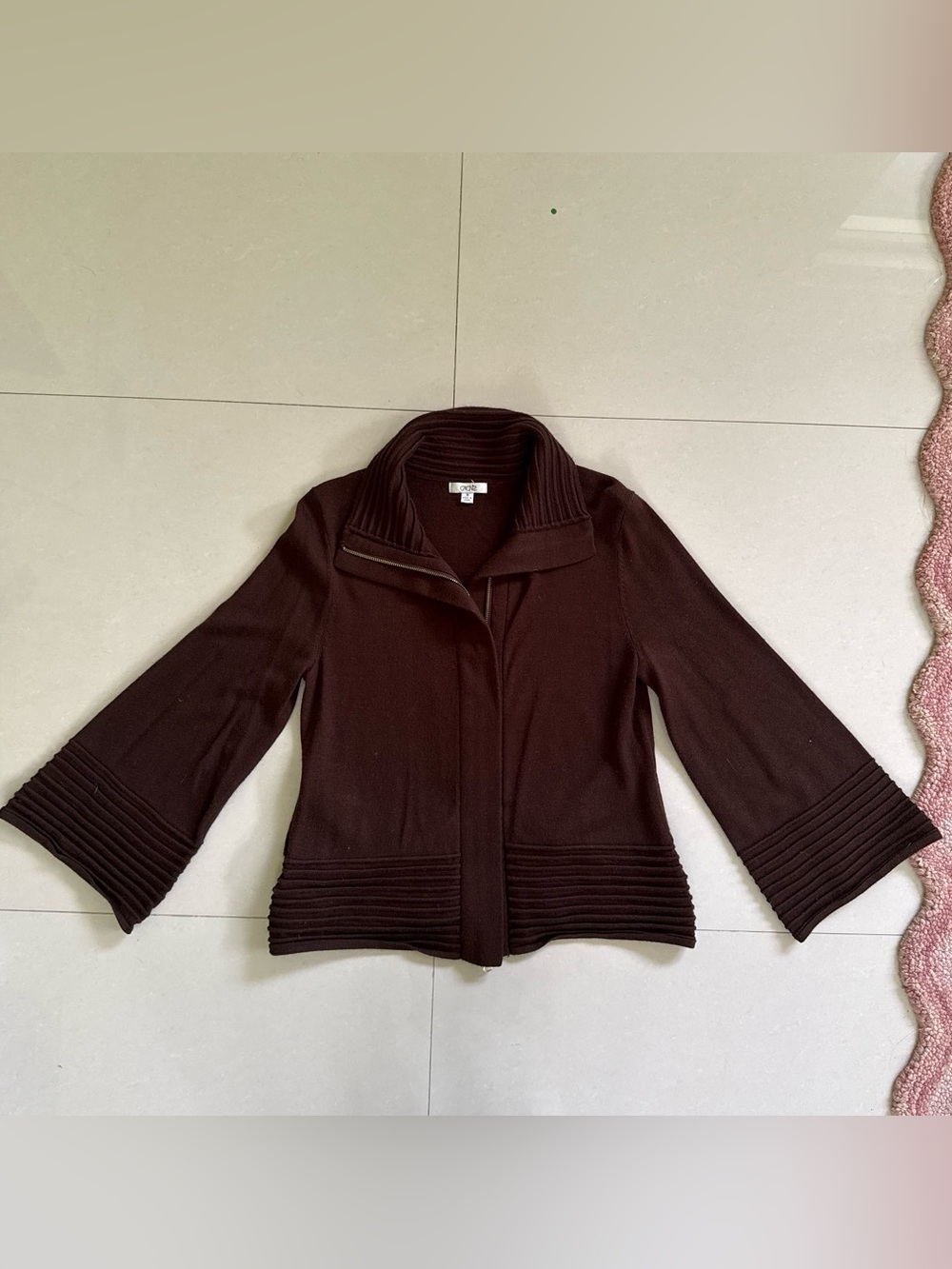 Vintage cache Dark Brown Textured Knit Zip-Front Sweater Double Zipper Wool
